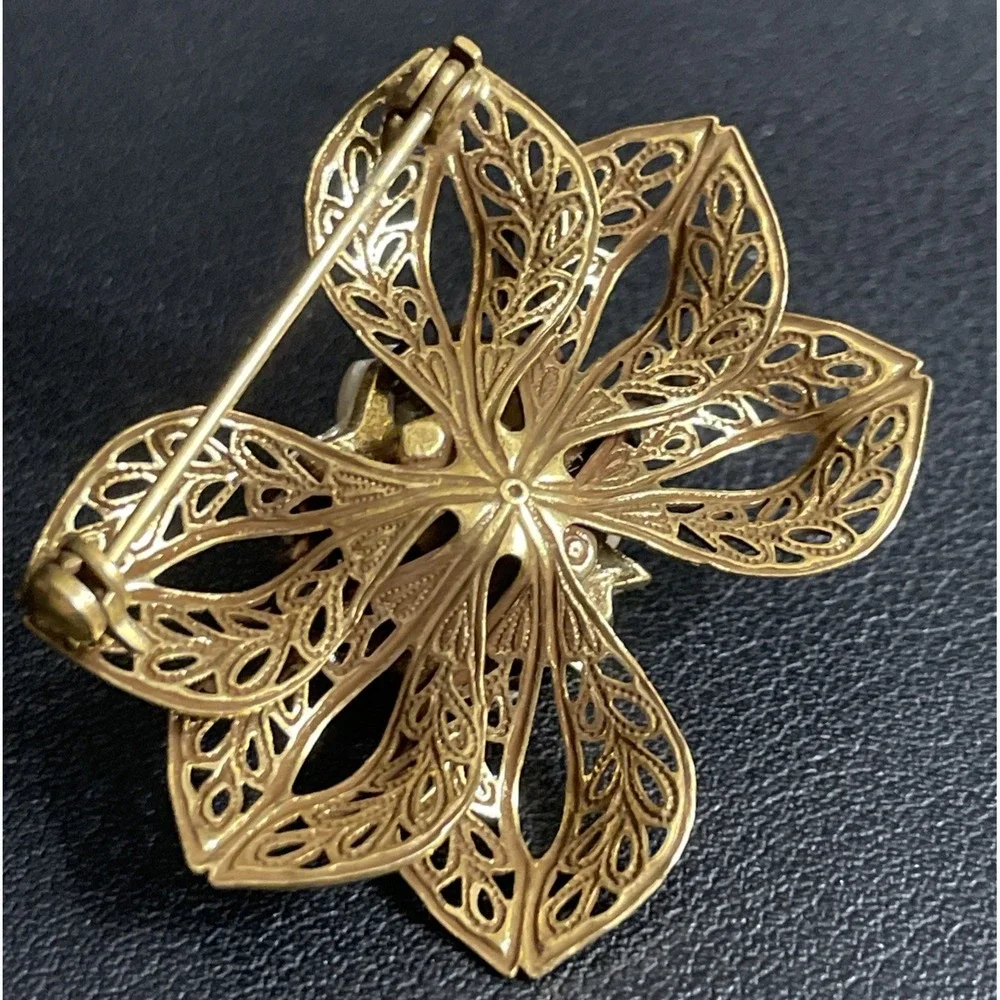 Vintage Filigree Bow Brooch Victorian Revival Gold Tone Peach Flower Pin Jewelry